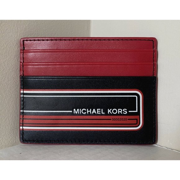New Michael Kors Kent Tall card case Black / Crimson - Picture 1 of 3